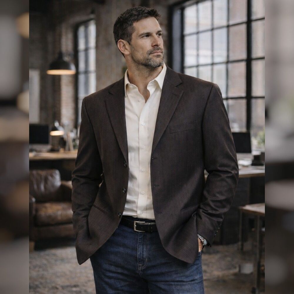 Phat Farm Mens 42R 100% Wool Brown Pinstripe Classic Blazer Sport Coat Jacket